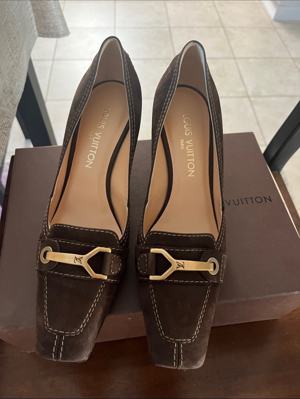 Louis Vuitton Brown Suede Heels with Gold Buckle Detail size 39